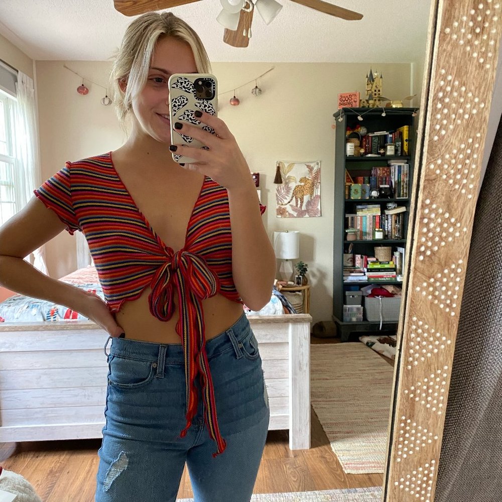 Windsor Cropped Front Tie Rainbow Top